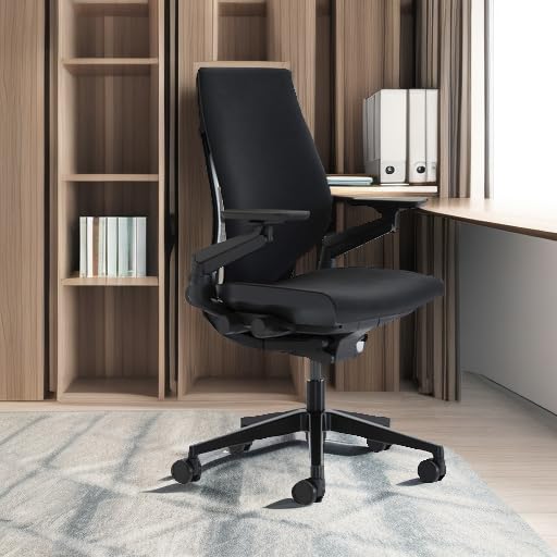 Steelcase Gesture Office Chair - Ergonomic Work Chair with Wheels for Carpet - Comfortable - Intuitive-to-Adjust for Desk - 360-Degree Arms - Licorice Fabric, Dark Frame