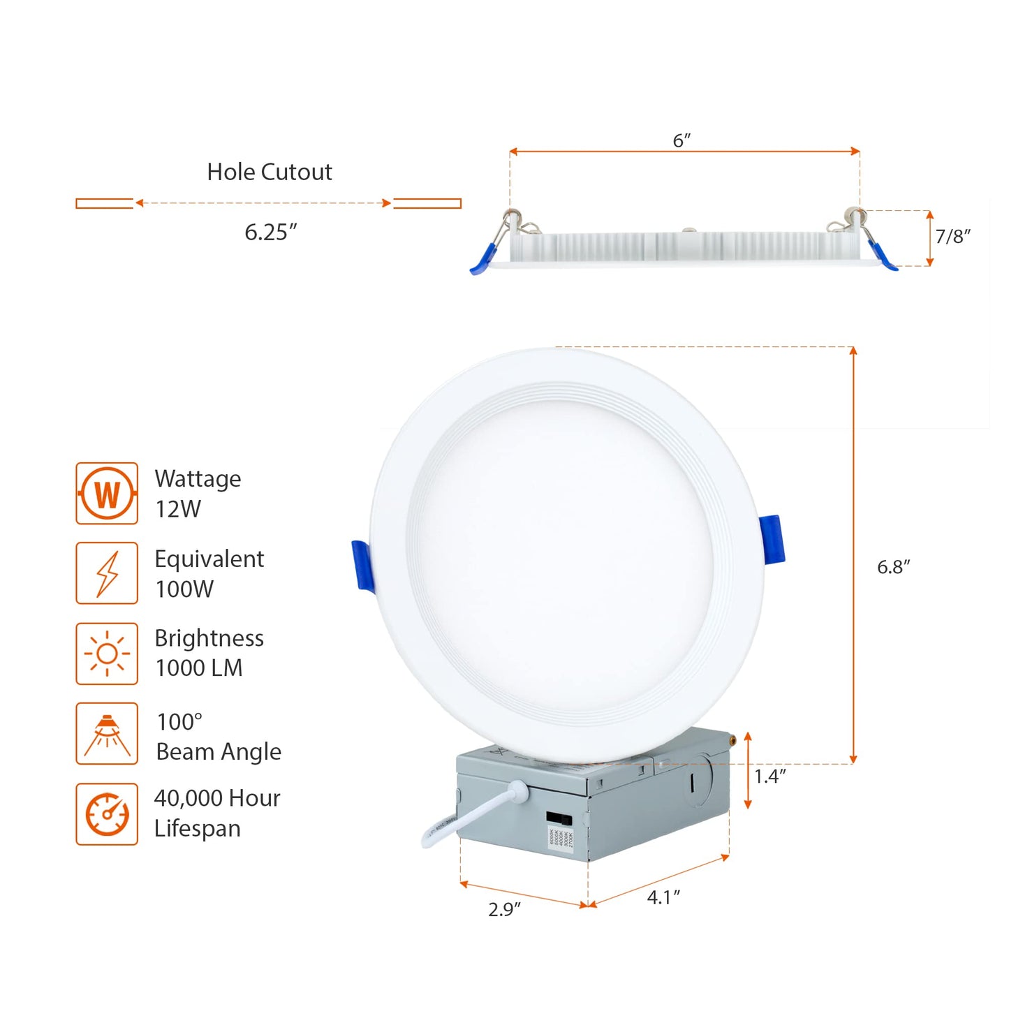 PROCURU Professional 4-Pack 6-Inch 2700K-6000K 5CCT 12W LED, Baffle Style, Heavy Duty Ultra-Thin Recessed Ceiling Slim Downlight, Dimmable, White Trim (VSB65W-4P)