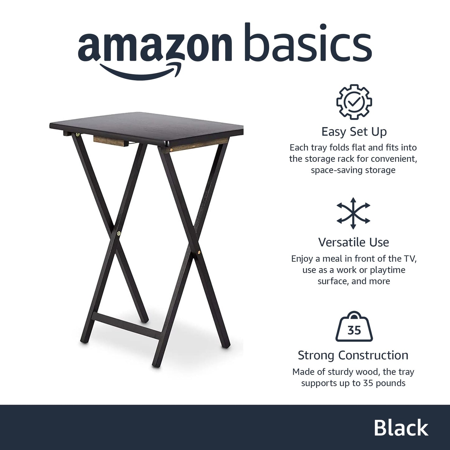 Amazon Basics Portable Foldable TV Tray Table with Storage Rack, Space-Saving Design, 15" x 19" x 26", Black, 4-Pack