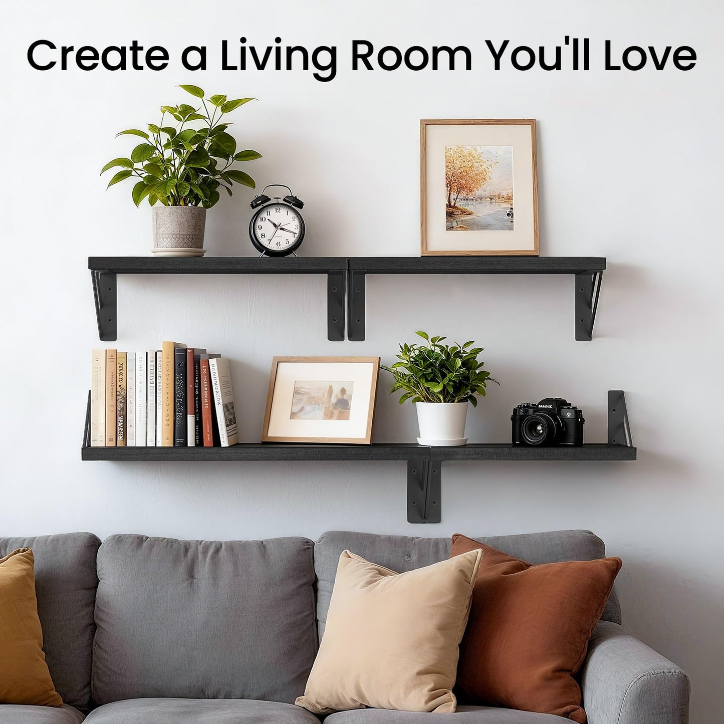 BAYKA Wall Mounted Floating Shelves, Wood Floating Wall Shelf for Books & Decor, Small Space-Saving Display & Organizer(Black,Set of 4)