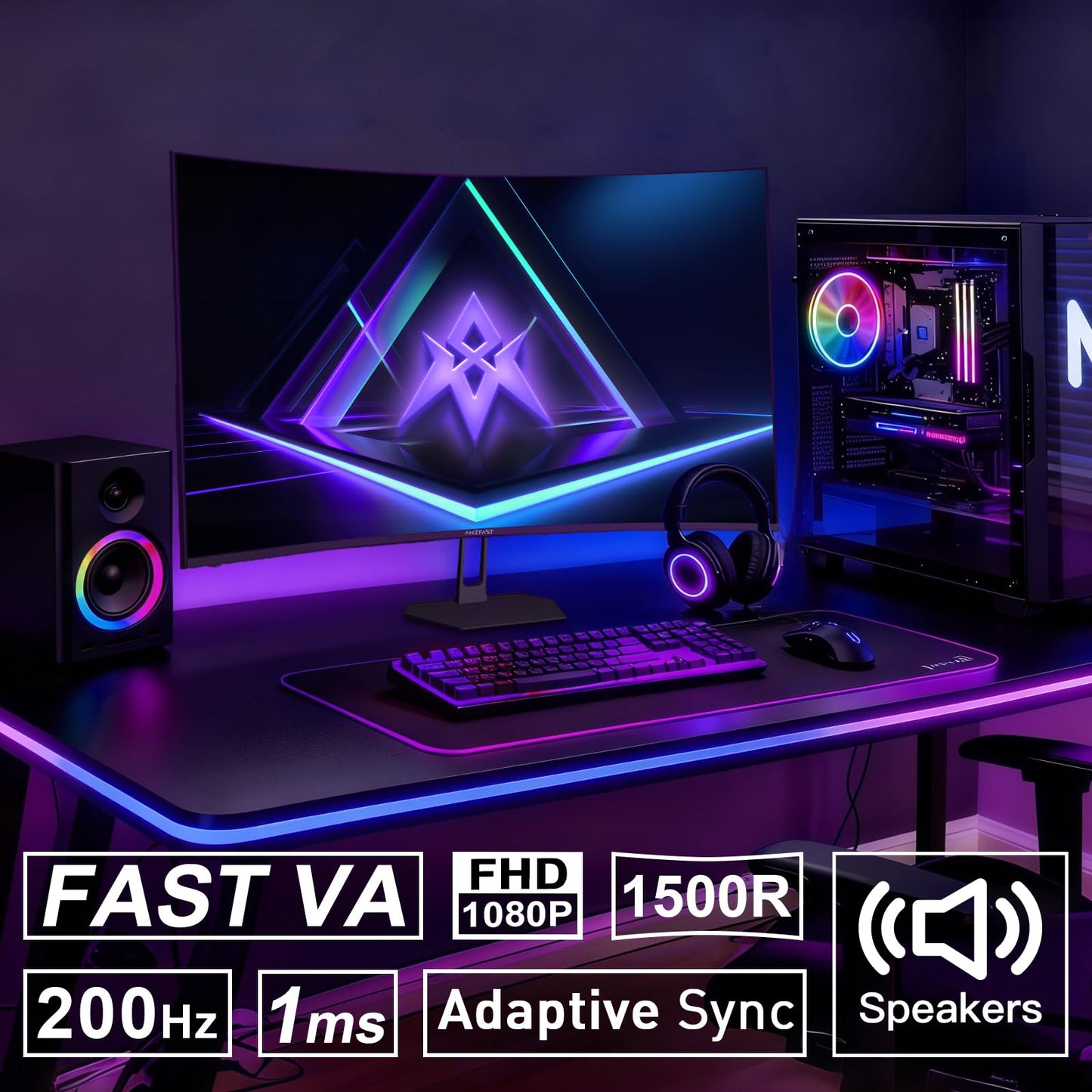 Amzfast 27 inch 200Hz Curved Gaming Monitor, FHD 1080P Computer Monitor with Built-in Speakers, MPRT 1ms with Fast VA Panel | 130% sRGB, 3000:1,1500R | 12 Months Warranty Exchange