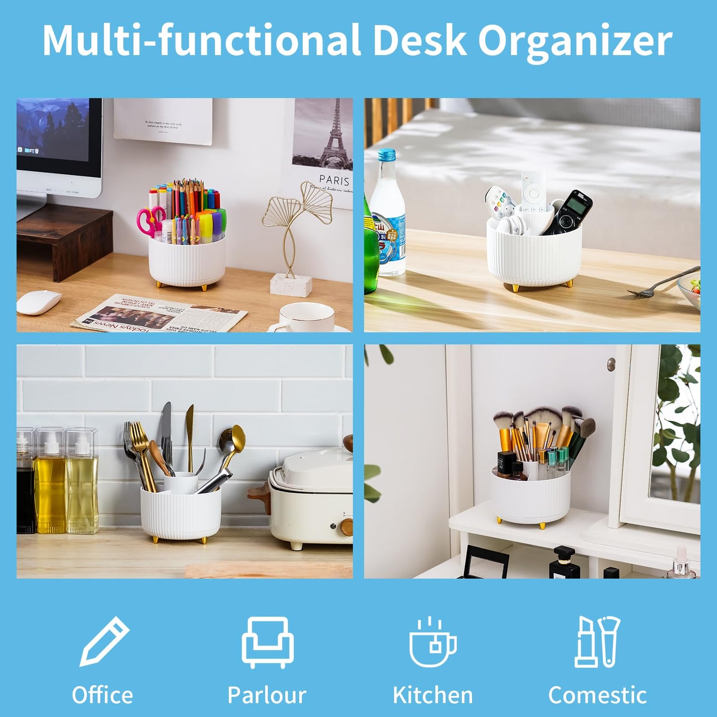 Marbrasse Desk Organizer, 360-Degree Rotating Pen Holder, Desk Organizers and Accessories with 5 Compartments Pencil Holder, Art Supply Storage Box Caddy for Office, Home(White)