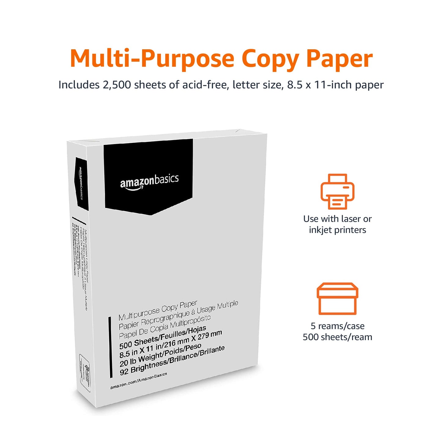 Amazon Basics Multipurpose Copy Printer Paper, 20 lb, 8.5 x 11 Inches, 5 Reams (2,500 Sheets), 92 Bright White
