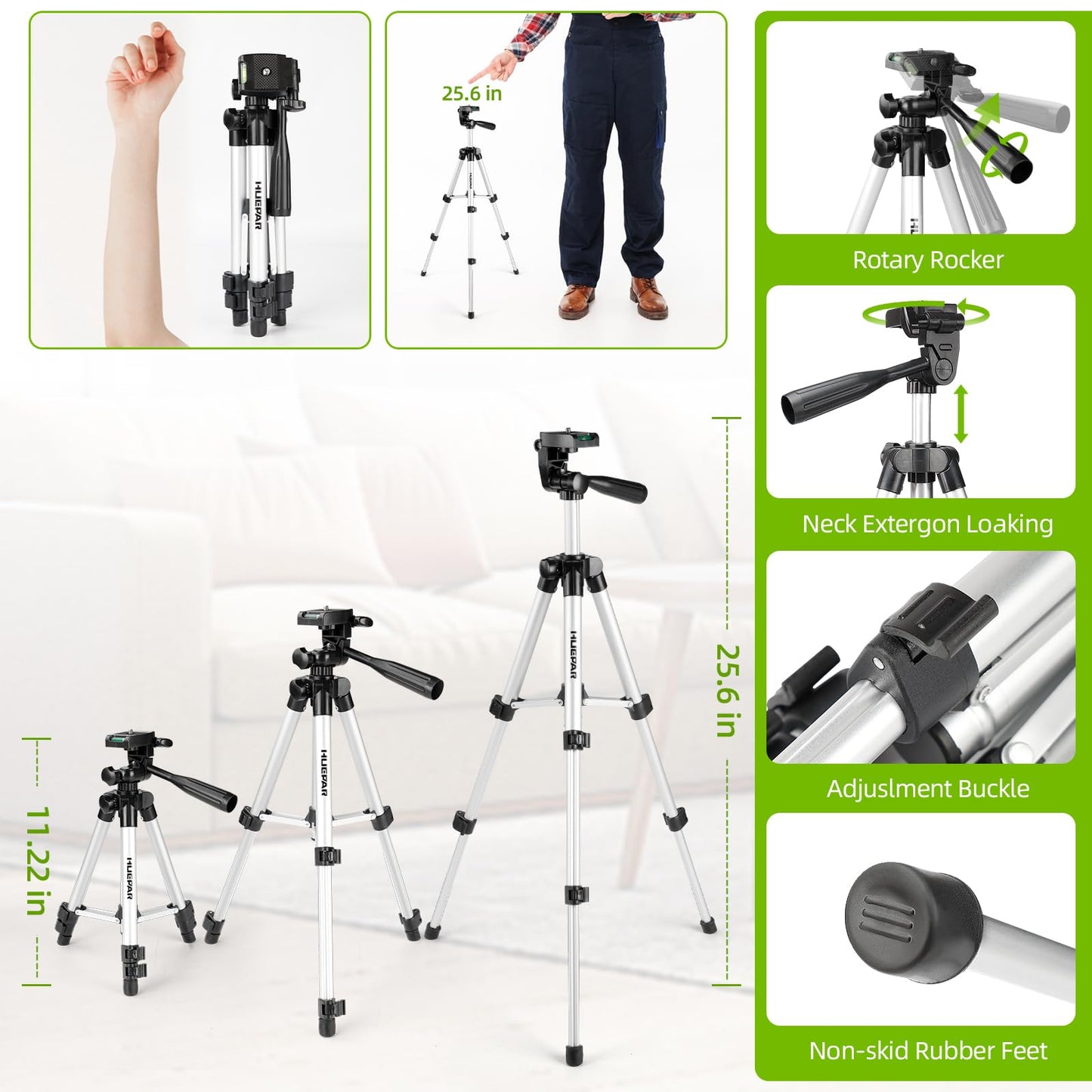 Laser Level with 40in Tripod, HUEPAR 98Ft Self Leveling Laser Level Green Line Laser Cross Line Laser Leveler Tool for Picture Hanging, Home Renovation, Indoor Project, Battery&Carrying Bag Included