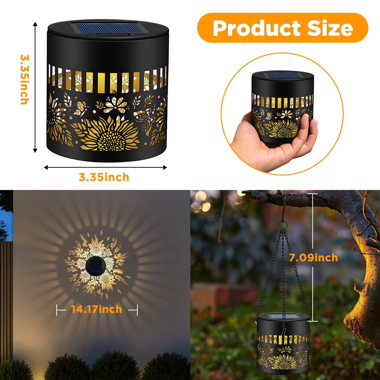 Forlivese 2 Pack Solar Fence Lights Outdoor, Metal Solar Powered Wall Deck Step Lights Sunflower Theme, Hanging LED Waterproof Decorative Lighting for Garden Patio Backyard Post Decor, Gifts for Mom