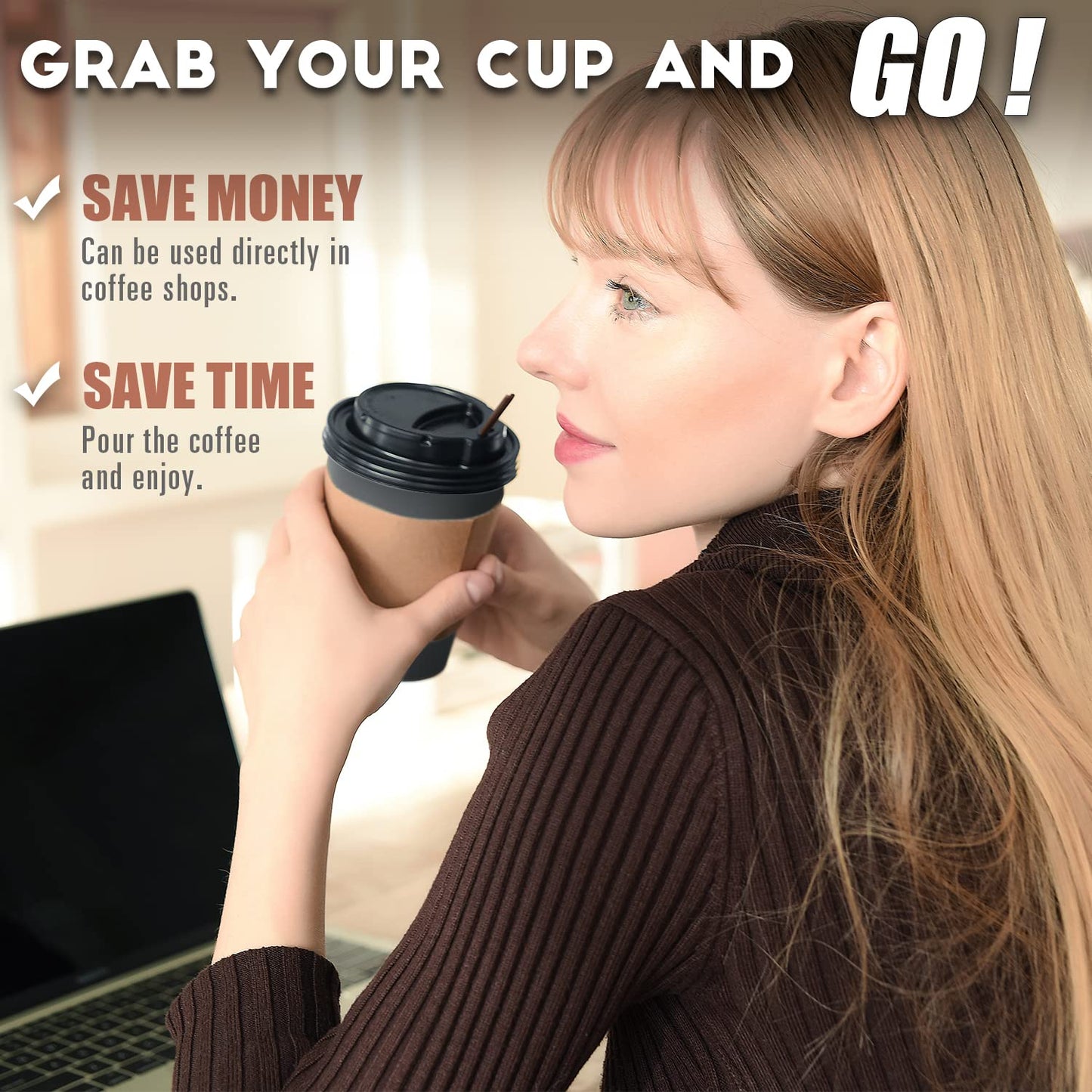100 Pack - 12 oz Disposable Coffee Cups To Go with Lids Sleeves and Straws 100% Biodegradable & Compostable Pla Eco Friendly Paper Coffee Cups for Tea Coffee Hot Chocolate