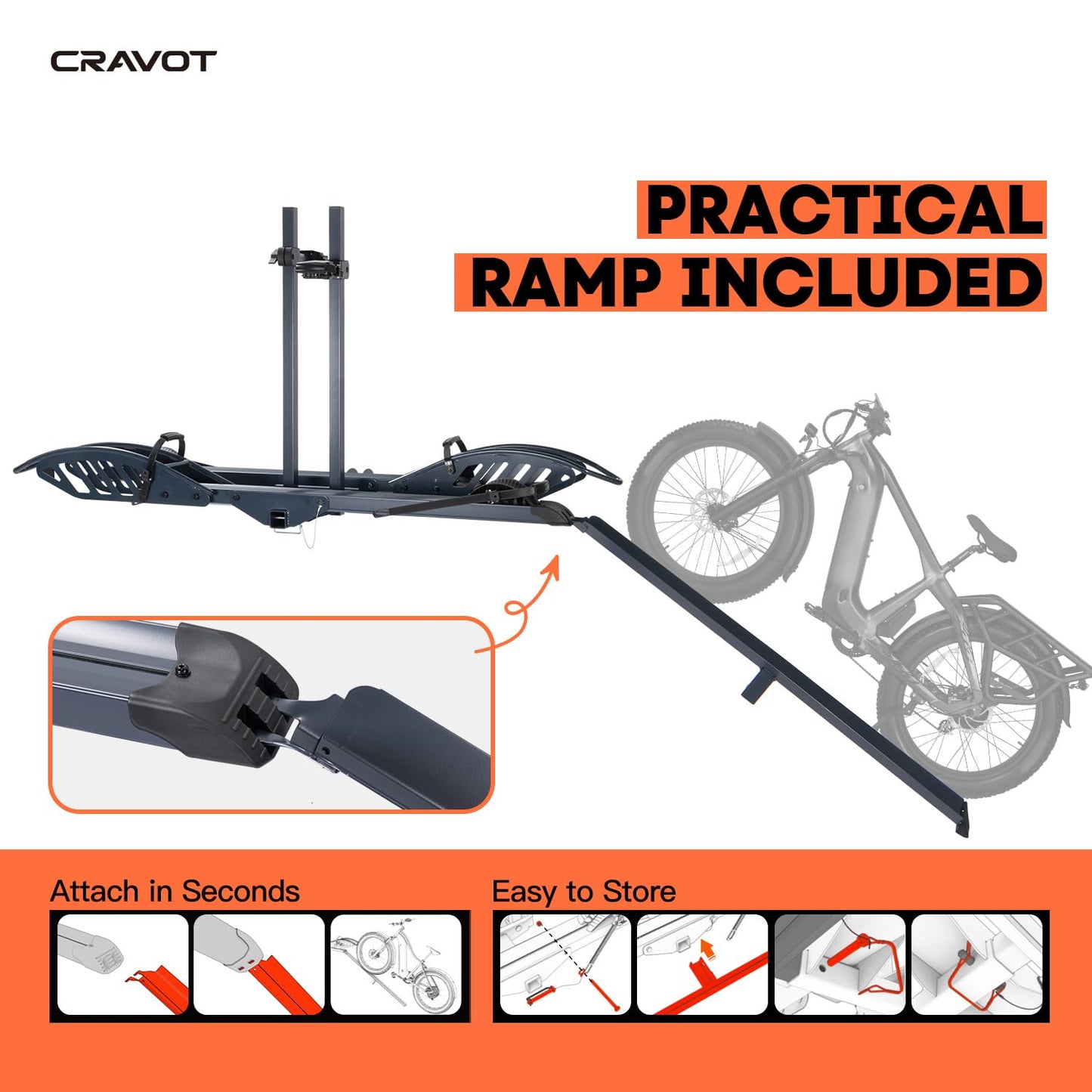 CRAVOT CyberRack E2 Hitch 2 E-Bike Rack with Ramp,200 lbs Capacity Electric Bike Carrier Foldable Platform Mount, Up to 5-inch Fat Tire Bicycle for 2'' Receiver Cars Trucks SUVs Minivans RV, Trailer