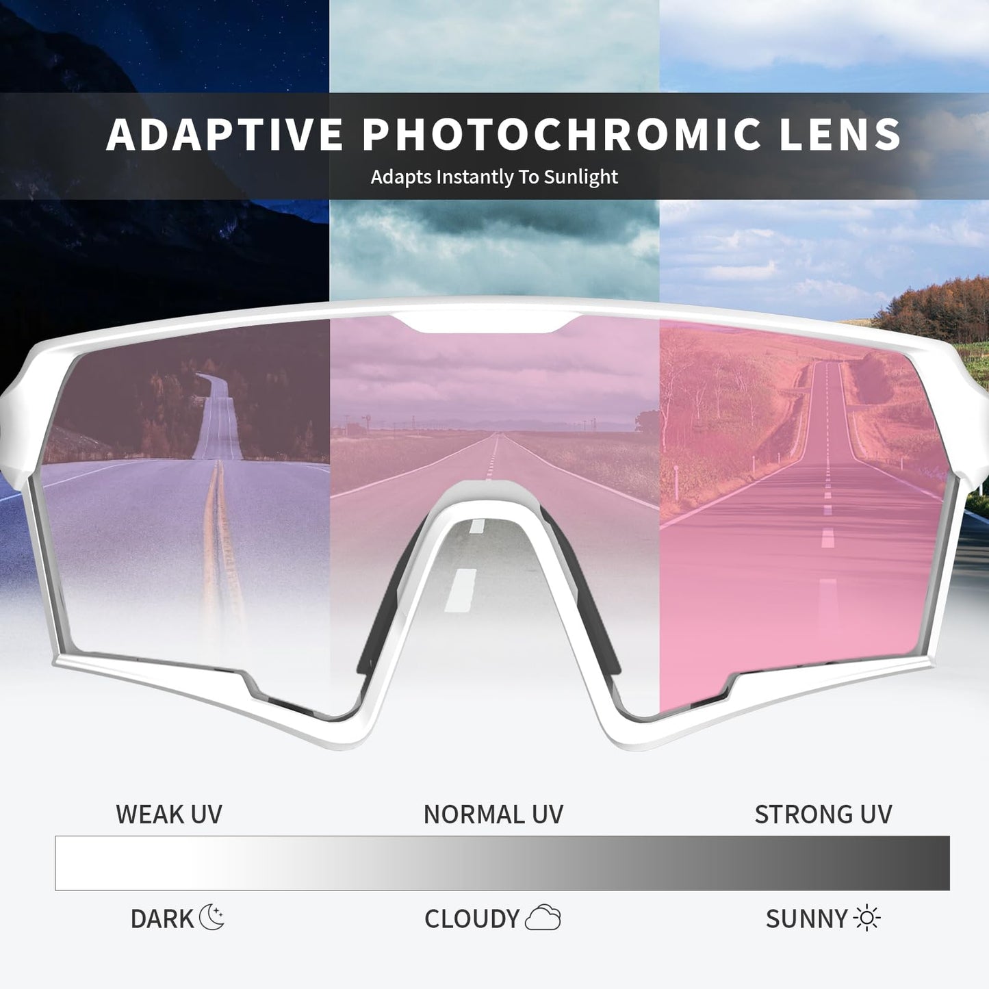Veltuno Photochromic Cycling Sunglasses for Men Women Youth, UV Protection Sports Sunglasses for Baseball, Running, Driving (White Frame/Revo Pink Lens)