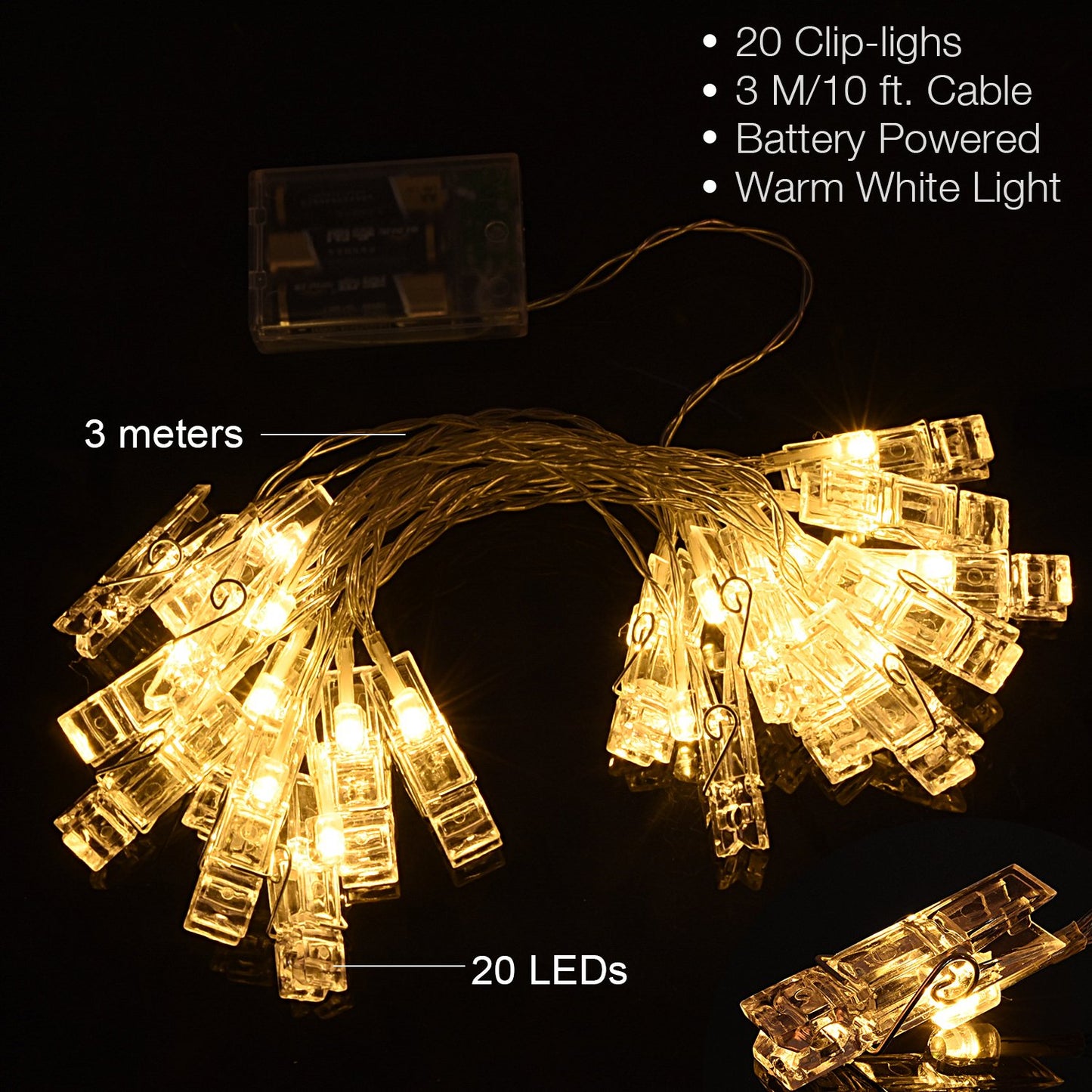 AOSTAR Photos Clips String Lights 20 LED Battery Operated Fairy String Lights for Bedroom Hanging Photos, Room Decor for Teen Girls, Thanksgiving Christmas Wedding Decorations(10FT Warm White)