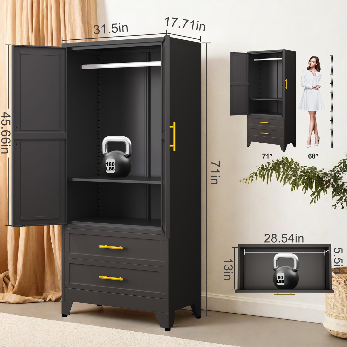 GAIOUS Steel Armoire Wardrobe Closet, 71" Metal Clothing Storage Cabinets with 2 Doors, 1 Adjustable Shelf and 2 Drawers, Metal Wardrobe Cabinet with Hanging Rod for Bedroom, Gym, Cloak Room (Black)