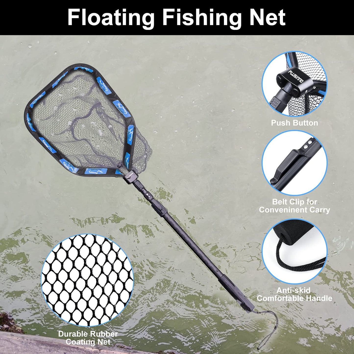 PLUSINNO Floating Fishing Net for Steelhead, Salmon, Fly, Kayak, Catfish, Bass, Trout Fishing, Rubber Coated Foldable Landing Net with Telescoping Pole Handle, Fishing Gear and Gifts for Men (1.0m)