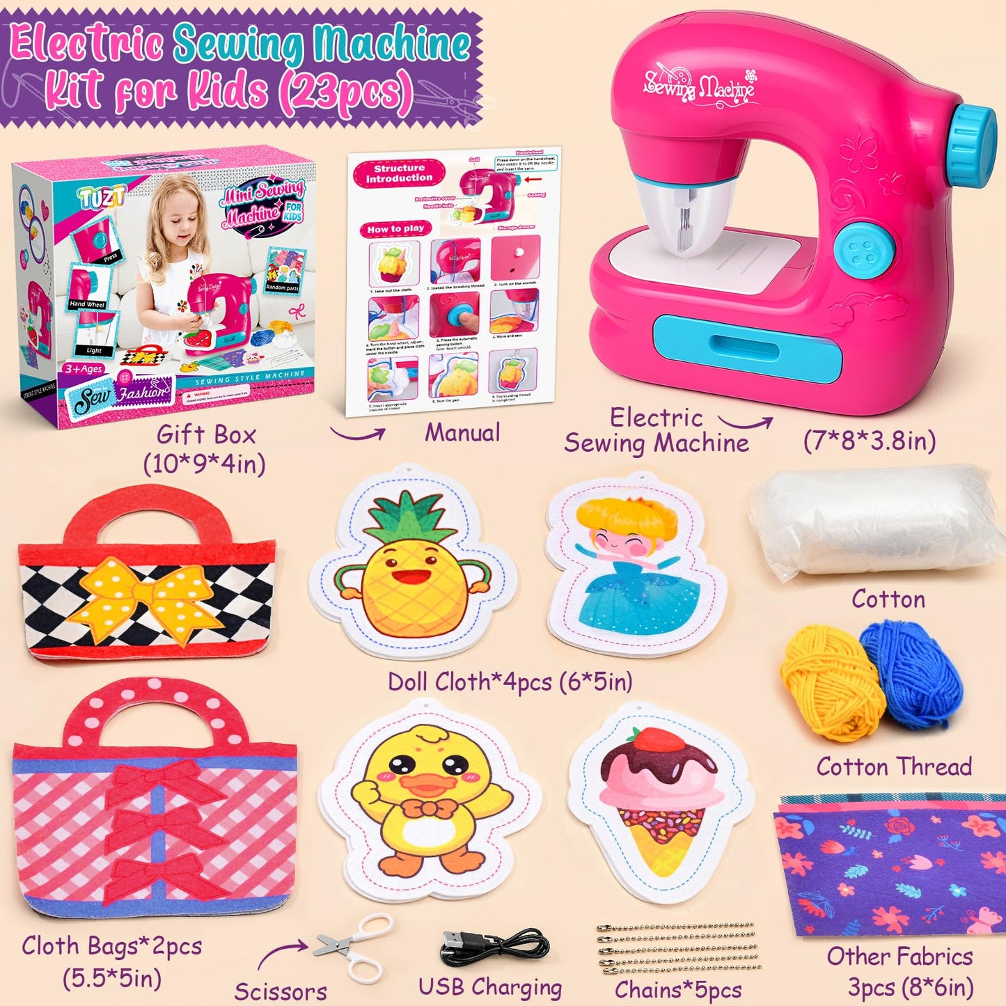 TUZT Mini Sewing Machine Toy Kit for Kids Beginners, 22pcs Portable Electric Sewing Machine with Sewing Kit, Light and Finger Guard, Birthday Christmas Gift for Kids Girls 4-12