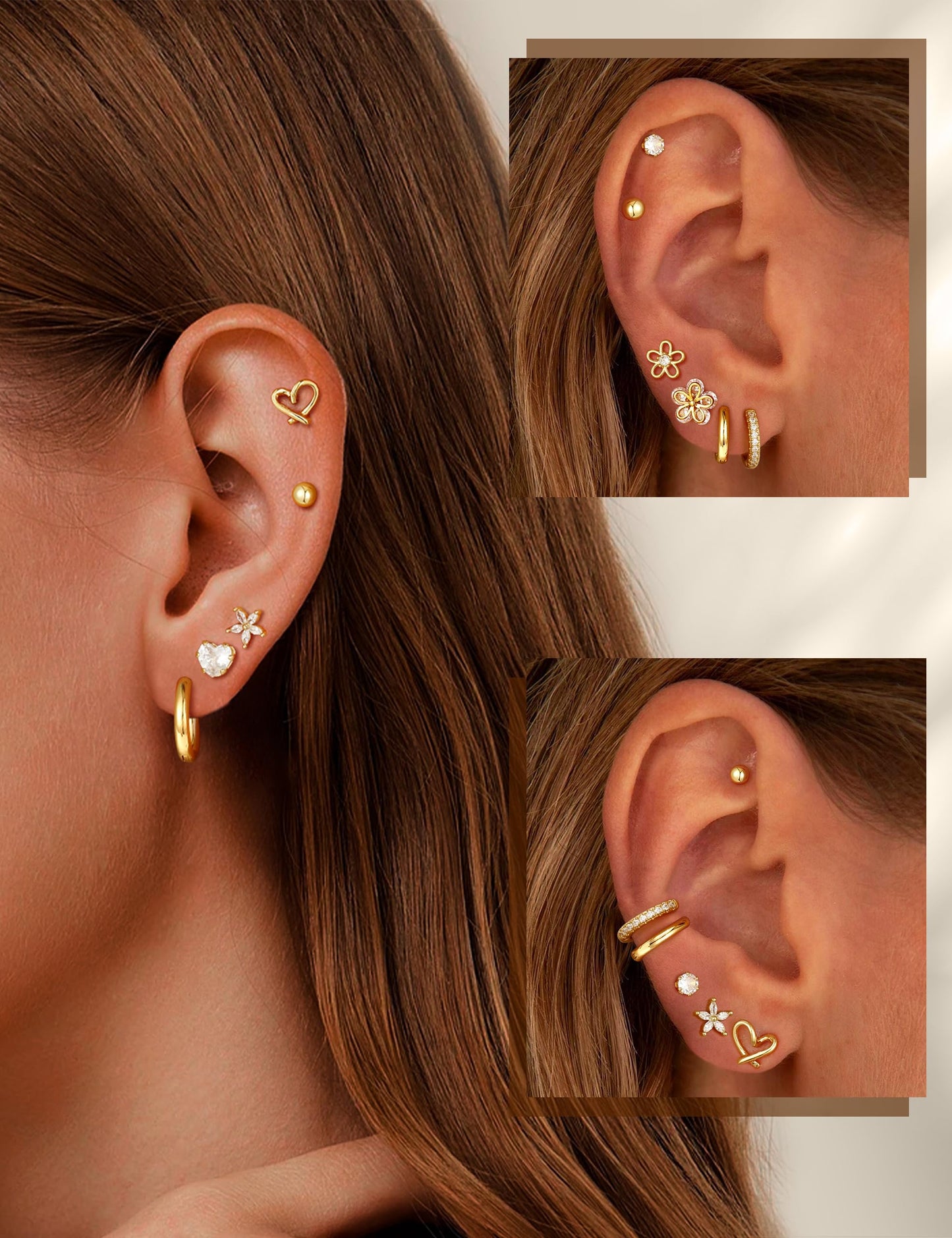 Small Gold Stud Earrings Set for Women - 14K Gold Plated CZ Huggie Hoops Hypoallergenic Earrings Dainty Flower Heart Stud Earring for Jewelry Gift