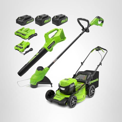 Greenworks 48V (24V x 2) High - Performance Cordless Yard Tool Combo: 21" self propelled lawn mower, 12" Trimmer & Blower, with 3 Batteries & 2 Chargers
