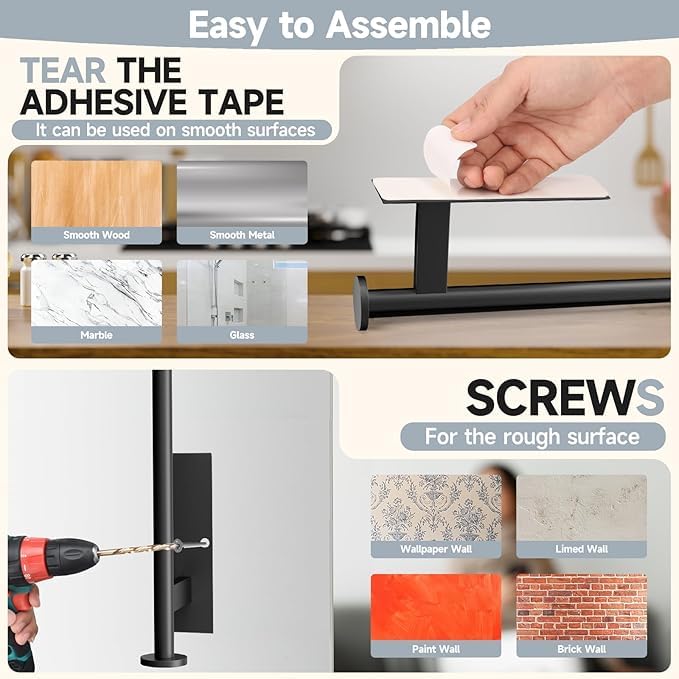 FISHCLOUD Paper Towel Holder Wall Mount - Self Adhesive No Drill or Drilling, SUS304 Stainless Steel - Kitchen, Bathroom, Sink, Pantry, Fridge(Black)