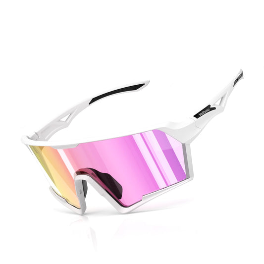 Veltuno Photochromic Cycling Sunglasses for Men Women Youth, UV Protection Sports Sunglasses for Baseball, Running, Driving (White Frame/Revo Pink Lens)