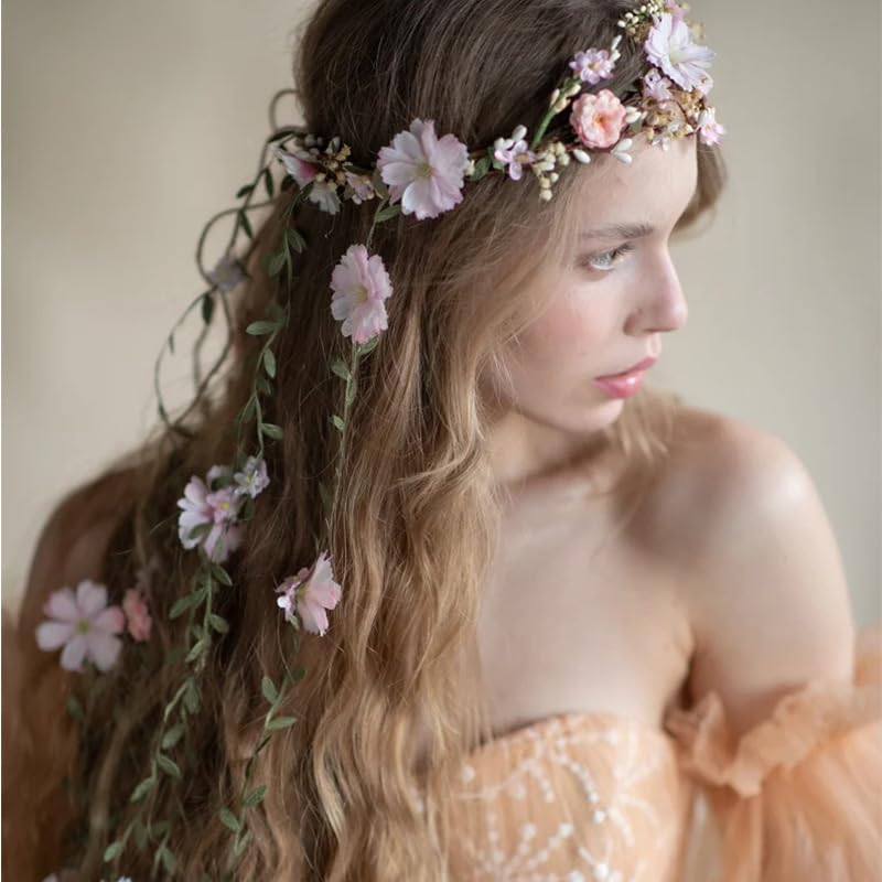 yuruyi Flower Crowns Wands for Wedding，Headband Hair Wreath Accessory Wedding Veil Flower Crown for Women Headpiece Floral Crown for Women with Wicker (Pink, Adjustable)