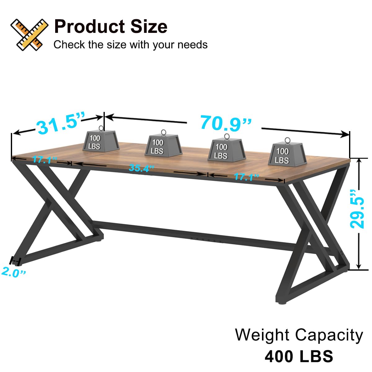 HSH Rustic Long Computer Desk, Industrial Large Wood Metal Office Table, Writing Work Study Station, Farmhouse Workstation Gaming Executive for 2 Person, Rustic Oak, 70 Inch