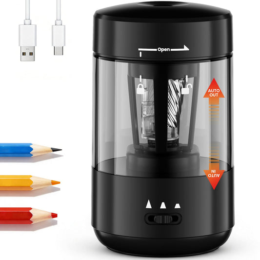 Prolixity Electric Pencil Sharpener for Classroom, Fully Automatic Pencil Sharpener for 6-8mm Pencils & Colored Pencils, Auto in & Out, Type-C Rechargeable Pencil Sharpeners for Home, School, Black