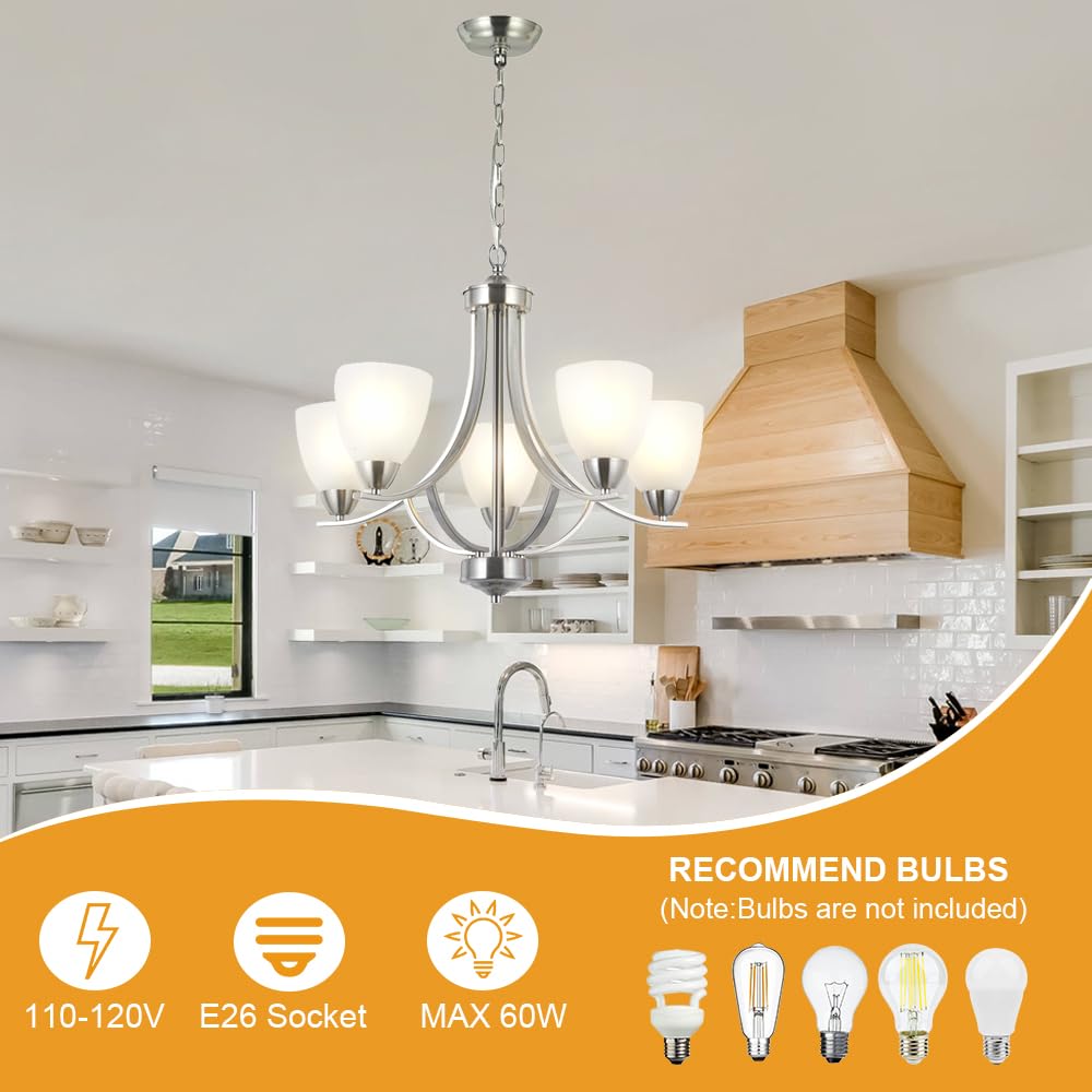 VINLUZ 5 Light Contemporary Chandeliers Brushed Nickel Modern Light Fixtures Ceiling Hanging Industrial Pendant Lighting for Foyer Bedroom Dining Room Bathroom