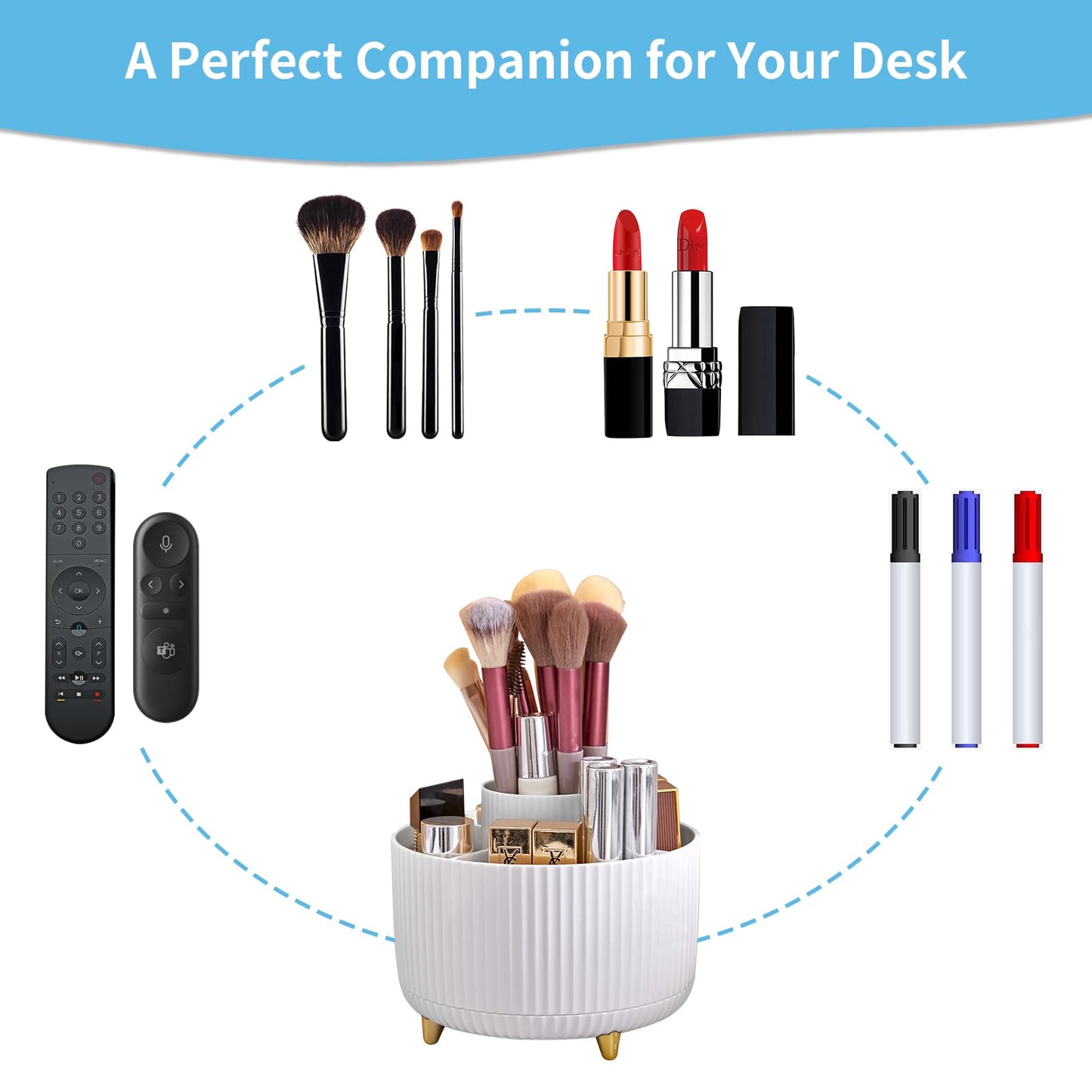 Marbrasse Desk Organizer, 360-Degree Rotating Pen Holder, Desk Organizers and Accessories with 5 Compartments Pencil Holder, Art Supply Storage Box Caddy for Office, Home（White）