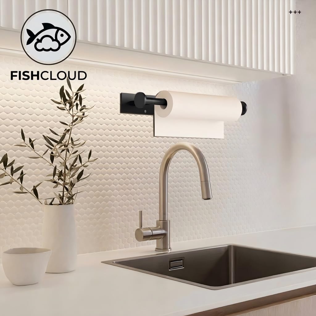 FISHCLOUD Paper Towel Holder Wall Mount - Self Adhesive No Drill or Drilling, SUS304 Stainless Steel - Kitchen, Bathroom, Sink, Pantry, Fridge(Black)