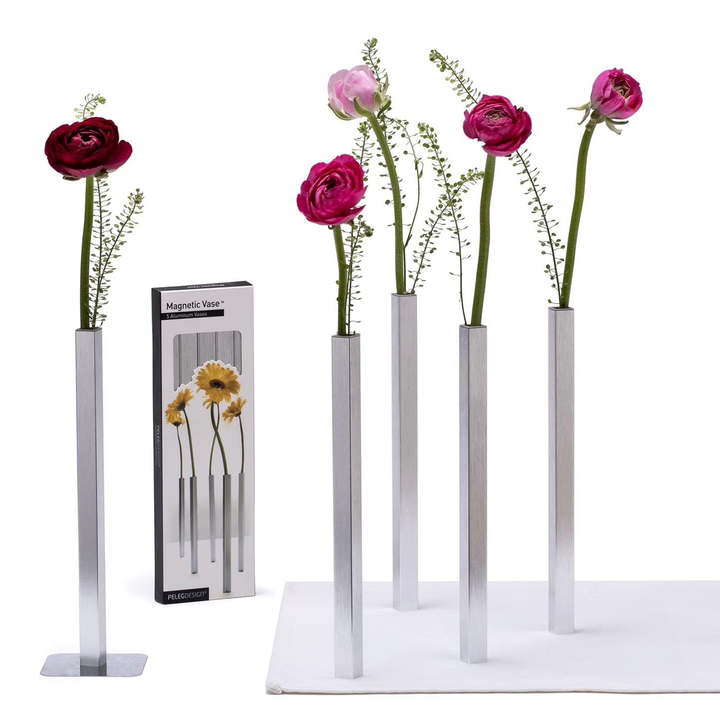 PELEG DESIGN Magnetic Bud Vase Set (Silver) - Unique Home Decor Gift & Modern Table Centerpiece - 5 Aluminum Single Stem Vases - 9.4" Tall Gravity Defying Decor