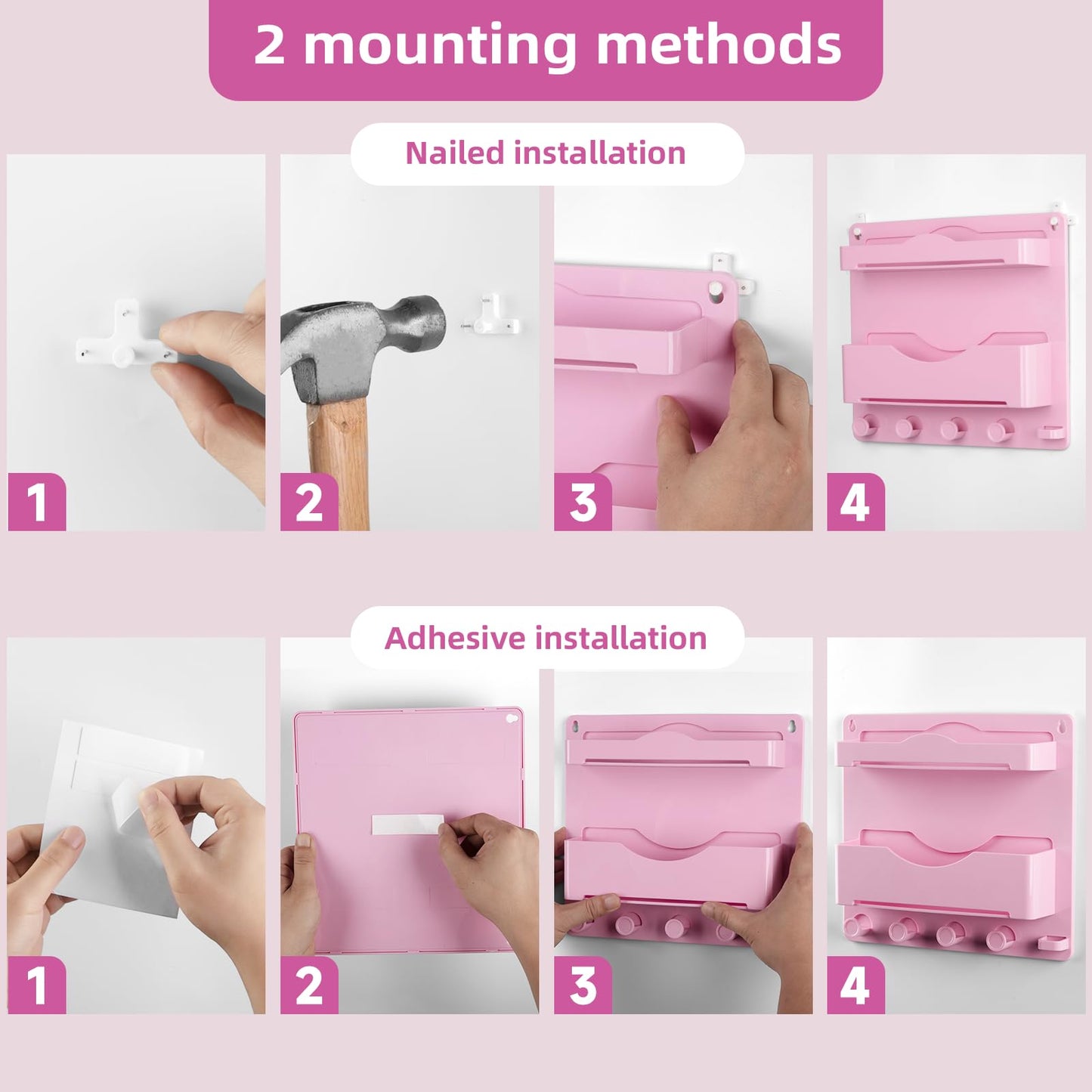 JUMEIHUI Pink Bedside Shelf Organizer - Wall Mount Phone Holder with Glasses Hook & 50 Motivational Stickers for Girls Bedroom Dorm Decor