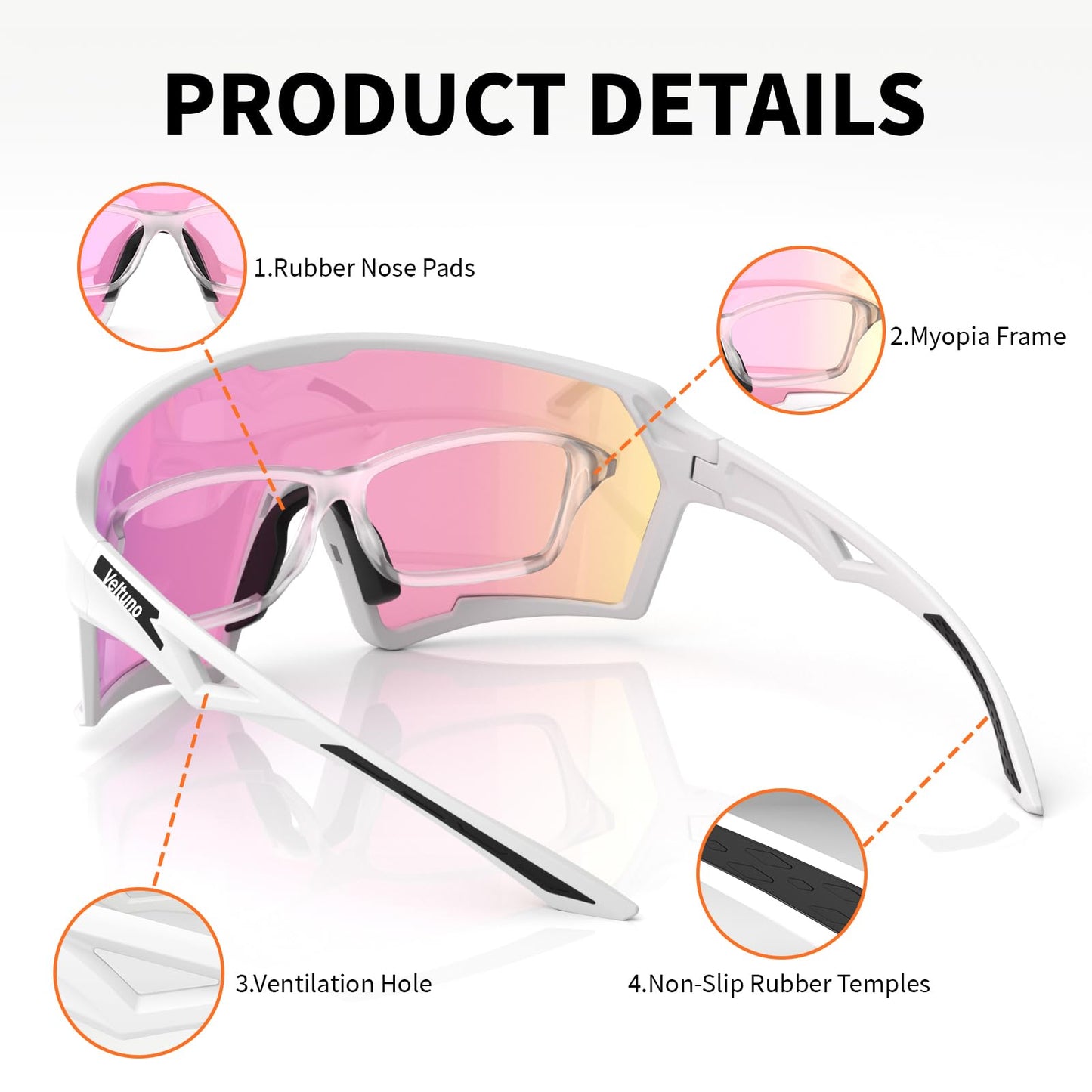 Veltuno Photochromic Cycling Sunglasses for Men Women Youth, UV Protection Sports Sunglasses for Baseball, Running, Driving (White Frame/Revo Pink Lens)