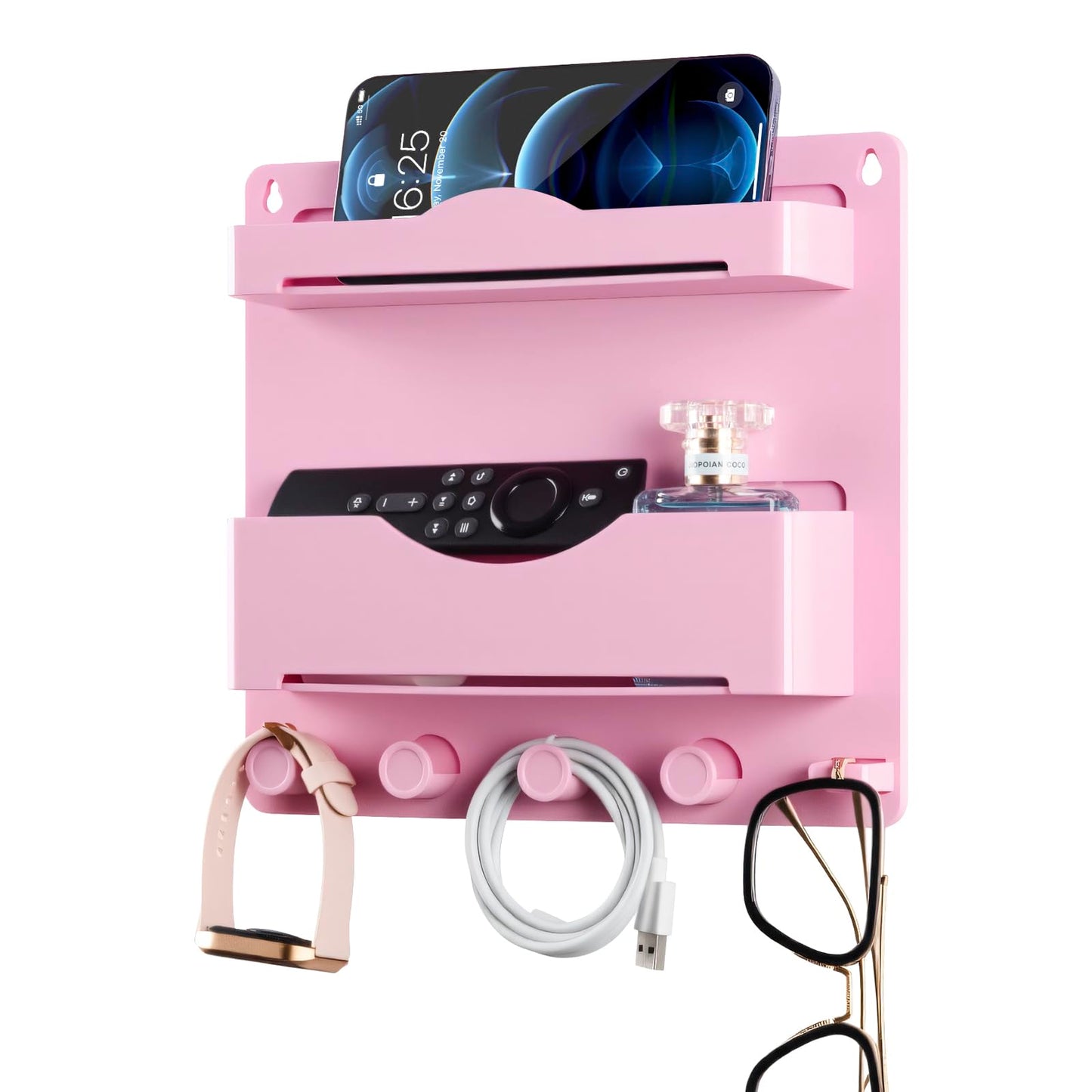 JUMEIHUI Pink Bedside Shelf Organizer - Wall Mount Phone Holder with Glasses Hook & 50 Motivational Stickers for Girls Bedroom Dorm Decor