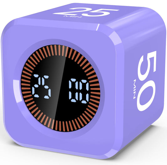 COWVTUJ Digital Pomodoro Timer Cube 5/10/25/50min, Visual Productivity Flip Timer for Kids Classroom Desk, Custom Countdown, Silent and Sound Mode for ADHD Study Work Game Kitchen (Purple)
