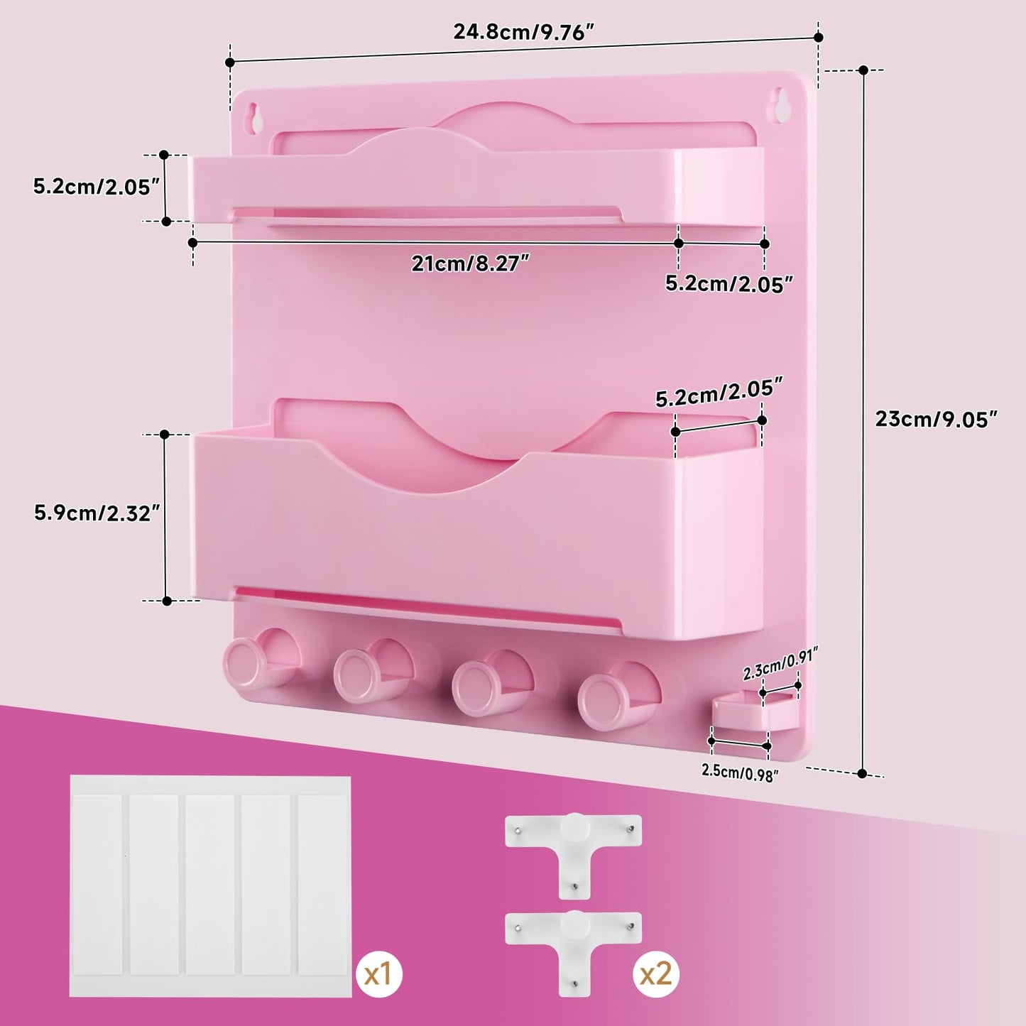 JUMEIHUI Pink Bedside Shelf Organizer - Wall Mount Phone Holder with Glasses Hook & 50 Motivational Stickers for Girls Bedroom Dorm Decor