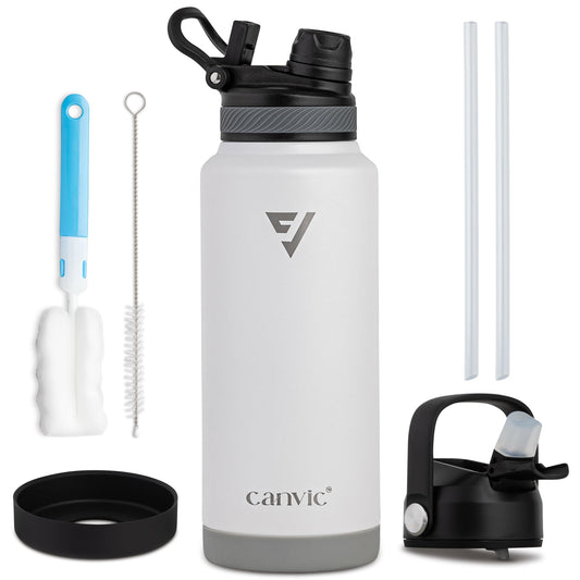DualSip 32oz Vacuum Insulated Reusable Stainless Steel Water Bottle – 2 Lids (Straw & Chug) Leakproof, BPA Free, Wide Mouth Sports Bottle for Travel, Gym, Hiking, Outdoors, School & Office (White)