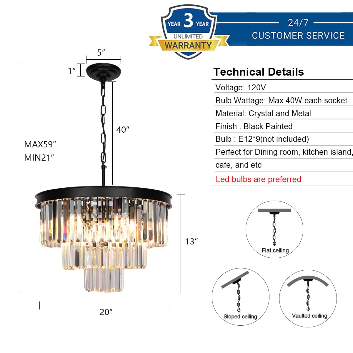 Weesalife Crystal Chandeliers for Dining Room Lights Fixtures, 9 Lights Black Modern Chandeliers for Bedroom, 3-Tier Round Crystal Lighting Fixtures for Living Room Entryway Kitchen Island D20 Inch