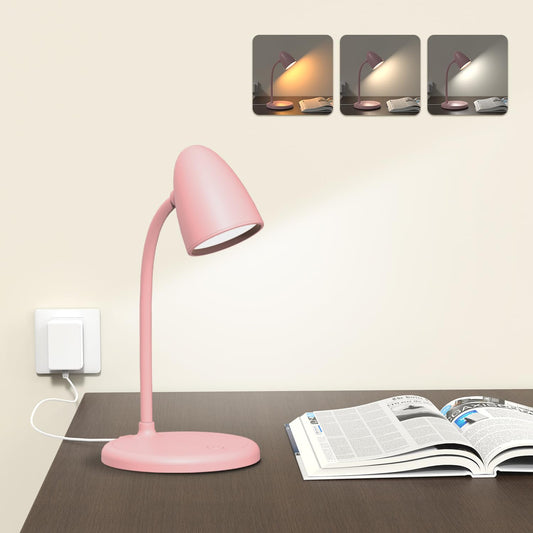 RORENSE LED Desk Lamp for Home Office,3 Light Colors, Table Lamp,Dimmable Reading Light for Bedside Small Desk Lamp for College Dorm Room,Bedroom Desk Light Pink