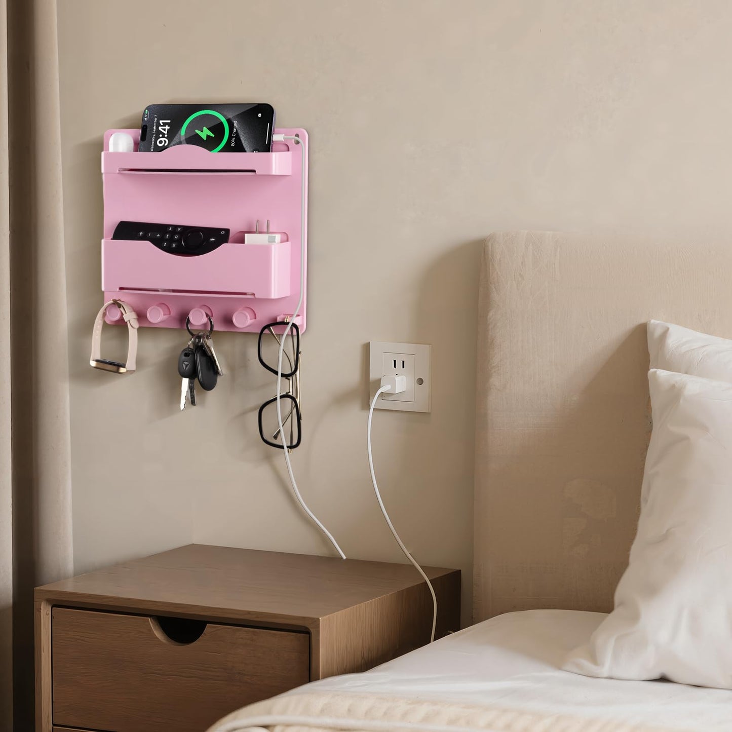 JUMEIHUI Pink Bedside Shelf Organizer - Wall Mount Phone Holder with Glasses Hook & 50 Motivational Stickers for Girls Bedroom Dorm Decor