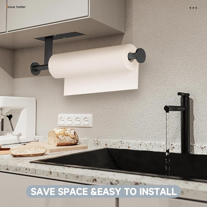FISHCLOUD Paper Towel Holder Wall Mount - Self Adhesive No Drill or Drilling, SUS304 Stainless Steel - Kitchen, Bathroom, Sink, Pantry, Fridge(Black)