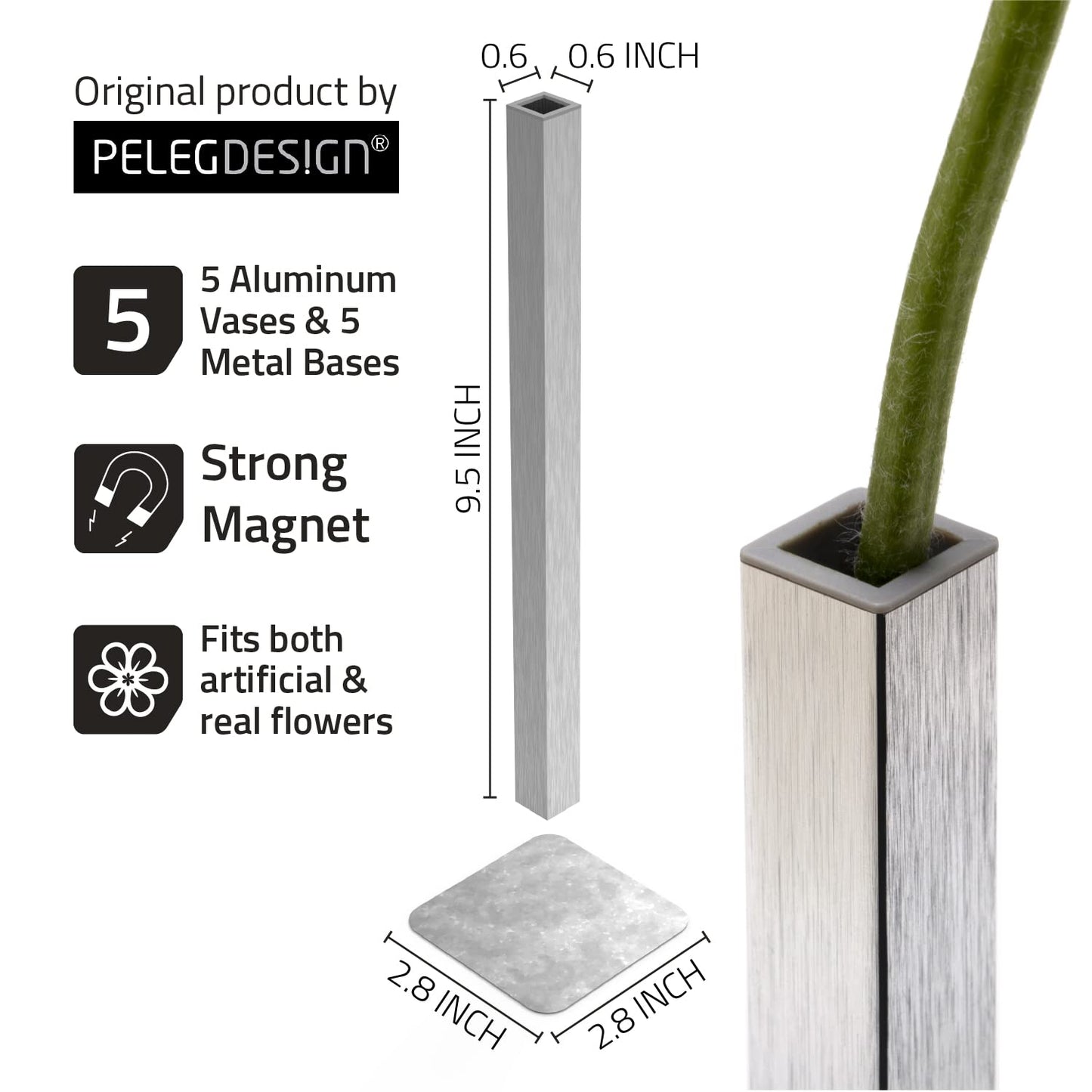 PELEG DESIGN Magnetic Bud Vase Set (Silver) - Unique Home Decor Gift & Modern Table Centerpiece - 5 Aluminum Single Stem Vases - 9.4" Tall Gravity Defying Decor