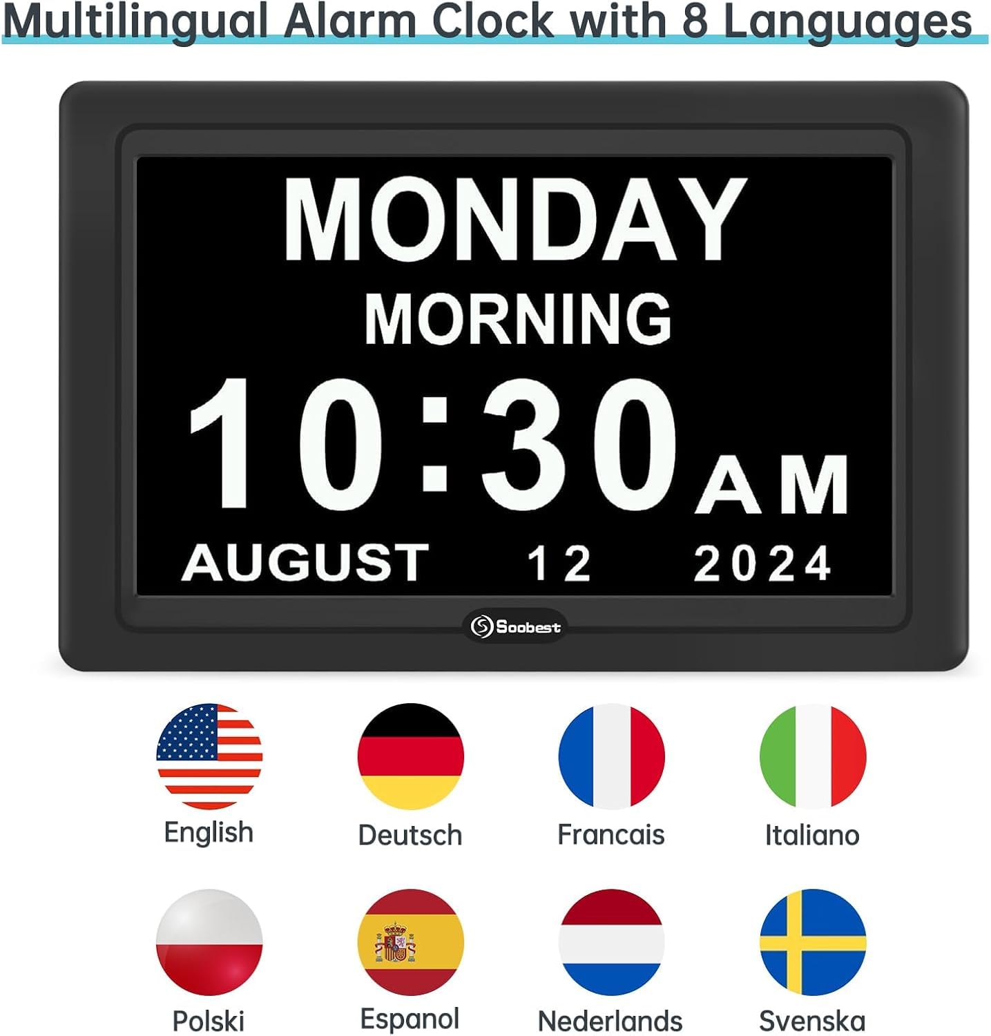 Soobest Dementia Digital Clock for Seniors Elderly, 20 Alarm Reminders 3 Ringtones for Memory Loss Alzheimers, Electric Time Date Day Large Display Calendar Clock, Auto DST, 1024 * 600P HD