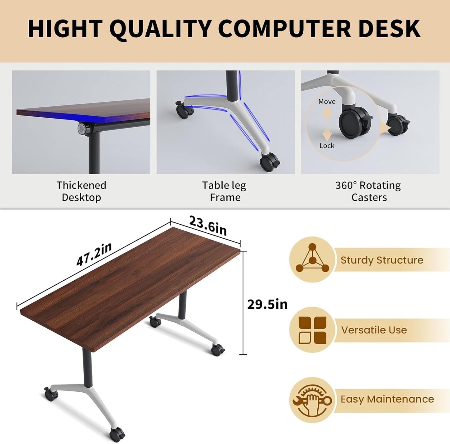 Conference Room Table, Modern Folding Training Tables with Flip Top, Mobile Table with Four Locking Wheels, Executive Desk for Meeting Room, Office, Classroom （4PCS,47in）