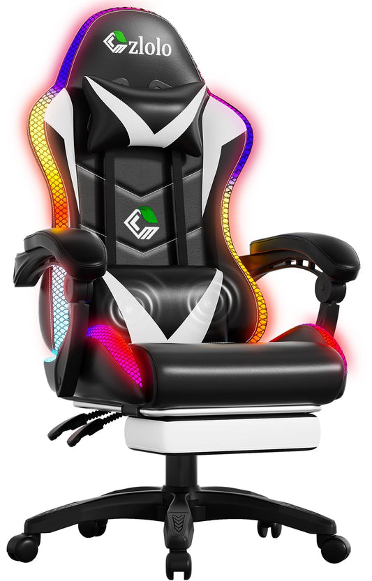 Czlolo Gaming Chair, Racing Style RGB LED Lights Gaming Chairs for Adults and Kids, Lumbar Massager Gamer Chair, High Back Reclining Computer Chair with Footrest and Headrest (Black/White)