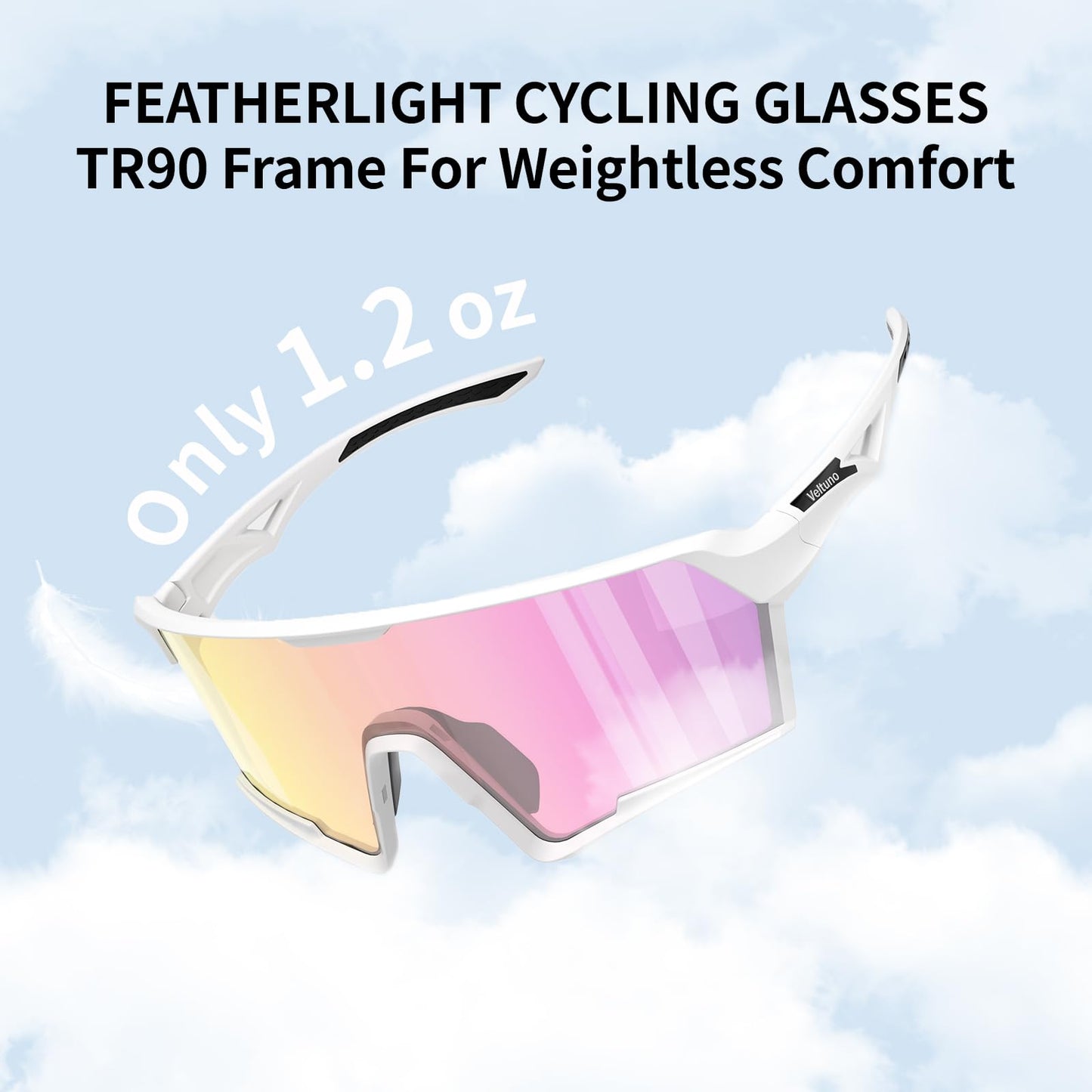Veltuno Photochromic Cycling Sunglasses for Men Women Youth, UV Protection Sports Sunglasses for Baseball, Running, Driving (White Frame/Revo Pink Lens)