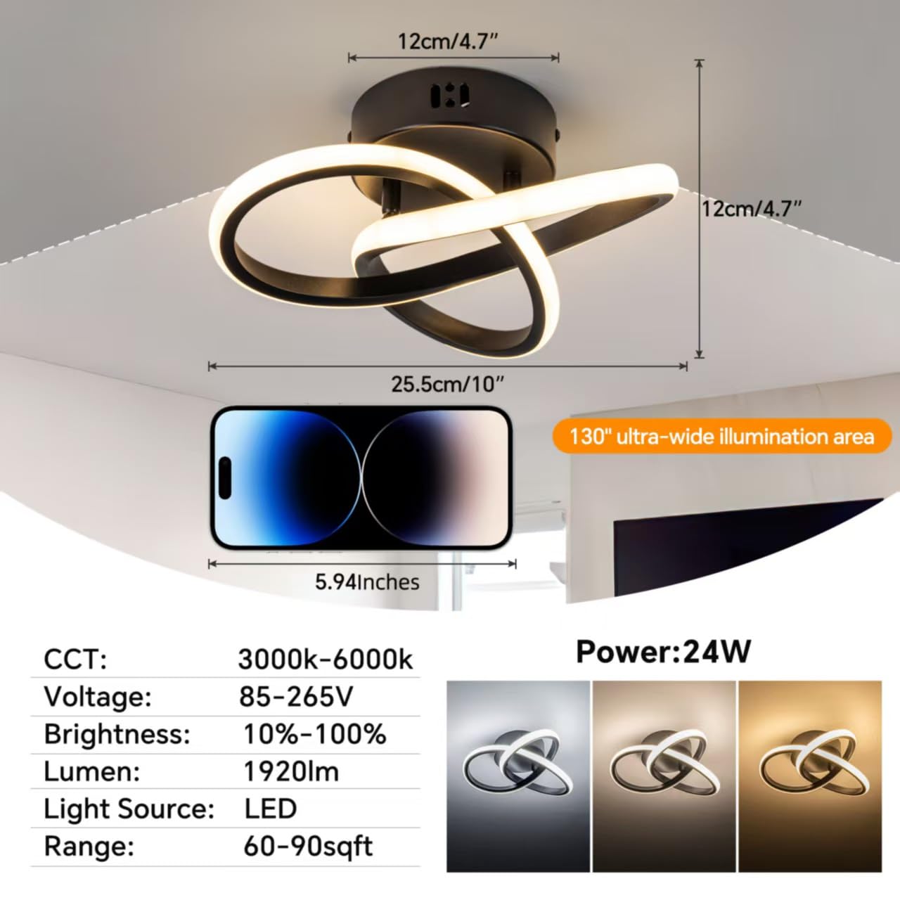 TIAZFCA 10 Inch Modern Ceiling Light, 24W LED Dimmable Ceiling Light with Remote Control, 3000-6000K Color Temperature Adjustable, Black Small Chandelier for Bedroom, Entryway, Hallway, Kitchen