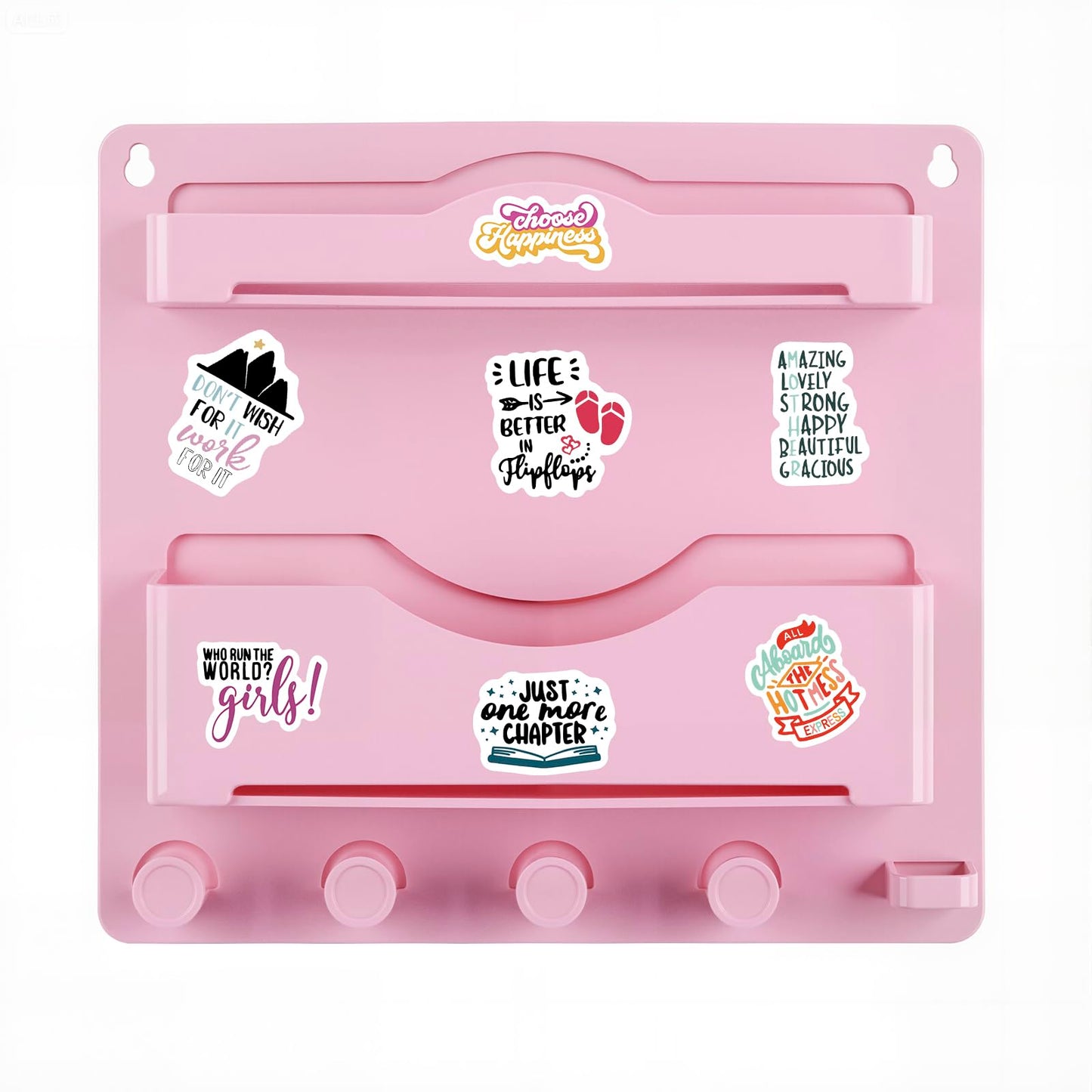 JUMEIHUI Pink Bedside Shelf Organizer - Wall Mount Phone Holder with Glasses Hook & 50 Motivational Stickers for Girls Bedroom Dorm Decor
