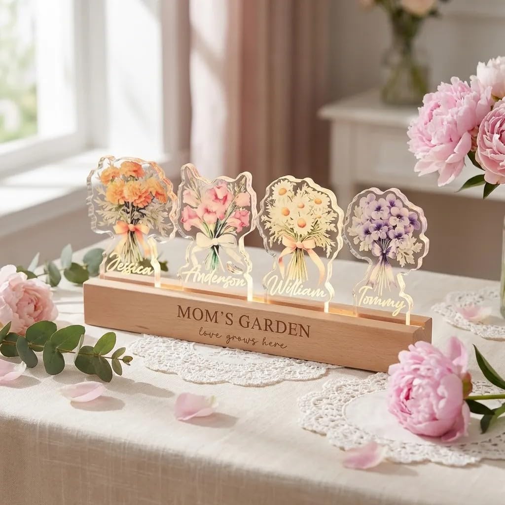 CUSTNEY Personalized Birth Flower Crystal Acrylic Lamp - Personalized Name 3D LED Night Light, for Mom and Grandma，Mother's Day Gift