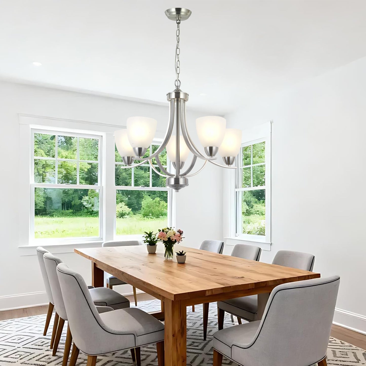 VINLUZ 5 Light Contemporary Chandeliers Brushed Nickel Modern Light Fixtures Ceiling Hanging Industrial Pendant Lighting for Foyer Bedroom Dining Room Bathroom