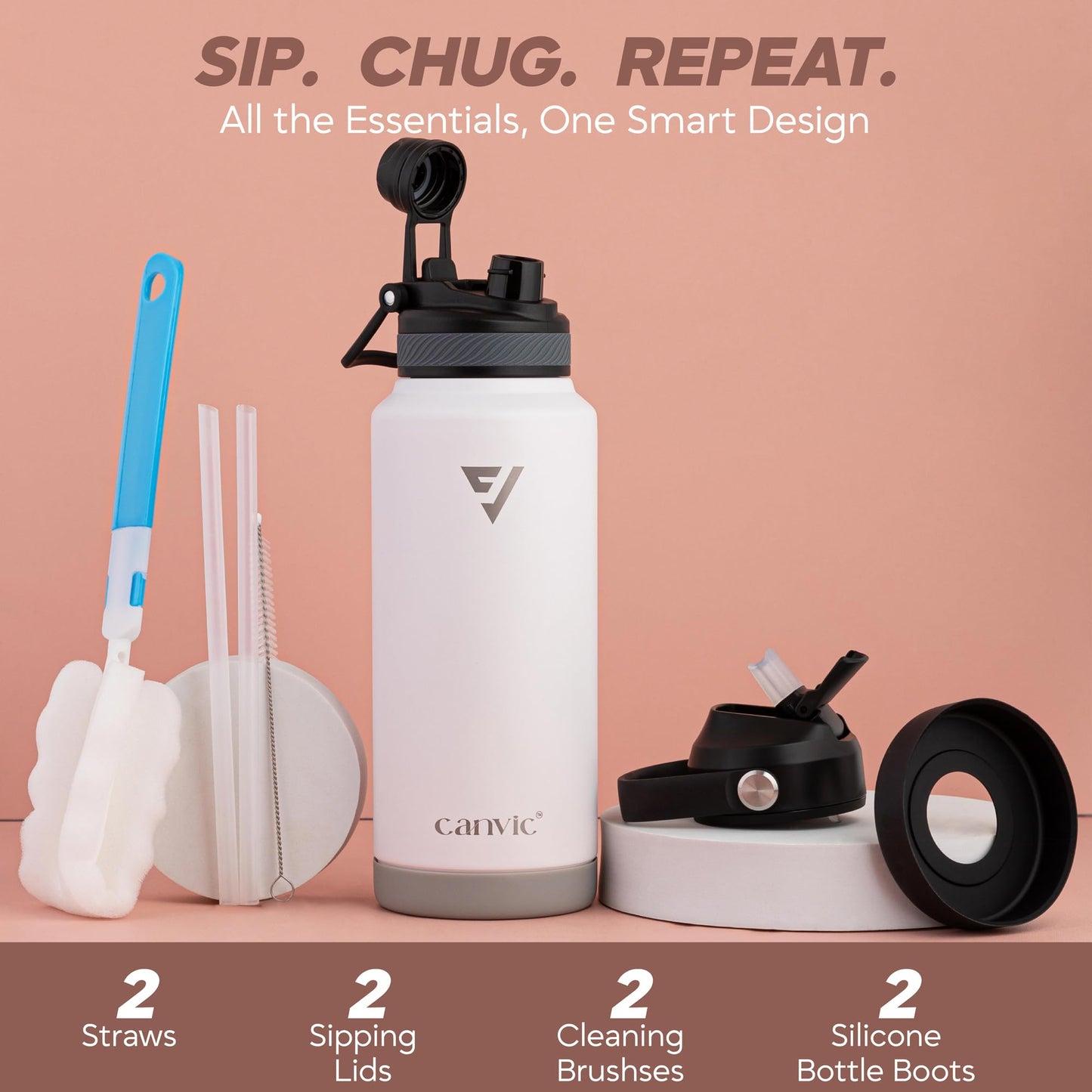 DualSip 32oz Vacuum Insulated Reusable Stainless Steel Water Bottle – 2 Lids (Straw & Chug) Leakproof, BPA Free, Wide Mouth Sports Bottle for Travel, Gym, Hiking, Outdoors, School & Office (White)