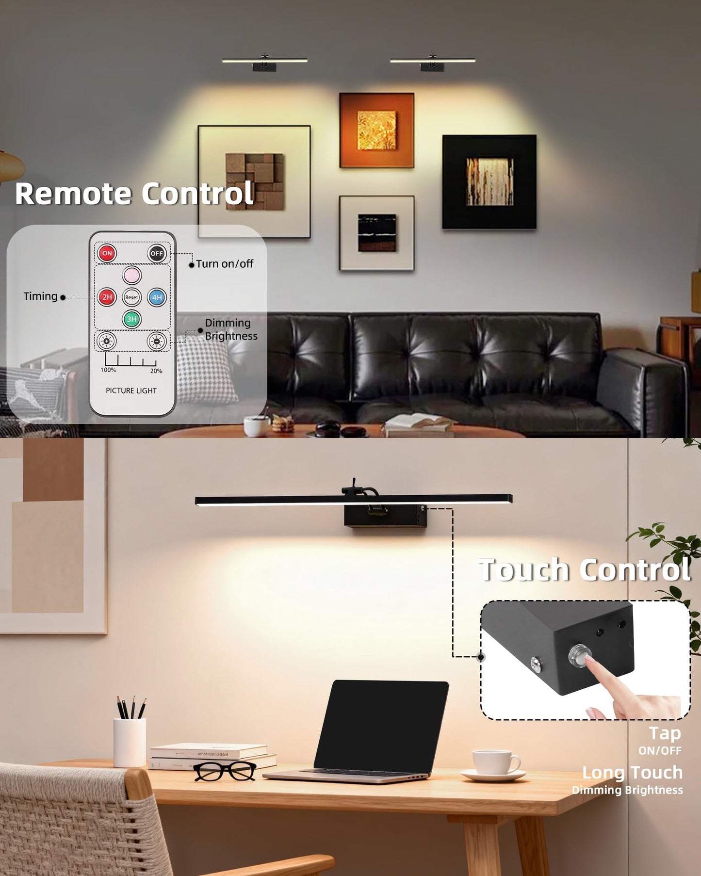 4 Pack Rechargeable Picture Light, 5200mAh Black Battery Operated Picture Lights for Wall with Remote Control, 300LM 3000K Warm White Light 16" Metal Dimmable Picture Light for Painting & Artwork