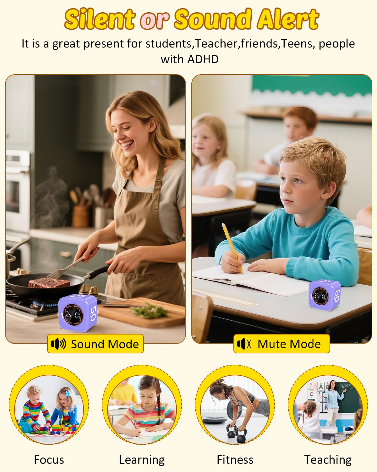 COWVTUJ Digital Pomodoro Timer Cube 5/10/25/50min, Visual Productivity Flip Timer for Kids Classroom Desk, Custom Countdown, Silent and Sound Mode for ADHD Study Work Game Kitchen (Purple)