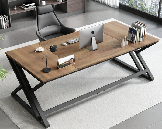 HSH Rustic Long Computer Desk, Industrial Large Wood Metal Office Table, Writing Work Study Station, Farmhouse Workstation Gaming Executive for 2 Person, Rustic Oak, 70 Inch